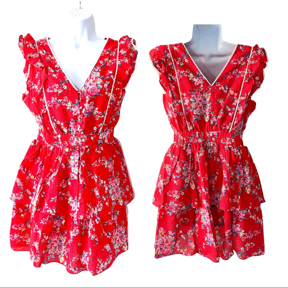 Betsey Johnson Bush GARDEN PRINT SEERSUCKER Tiered DRESS RED Sz Small Ruffles